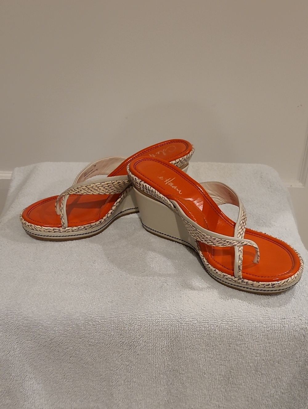 Cole Haan Orange and Cream Braided-Strap Wedge Sandals